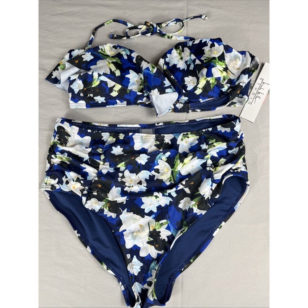 NWT Nicole Miller Blue Floral Bikini 2-Piece Set High-Waist Bottom Size Medium